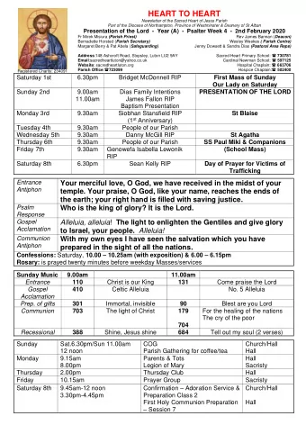 HEART TO HEART  Newsletter of the Sacred Heart of Jesus Parish  Part of the Diocese of Northampton,