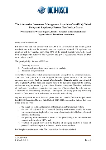 The Alternative Investment Management Associations (AIMA) Global  Policy and Regulatory Forum,