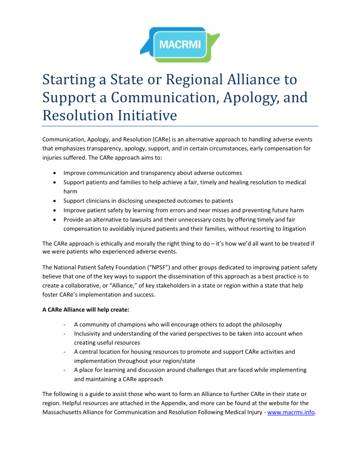 starting a state or regional alliance to support a