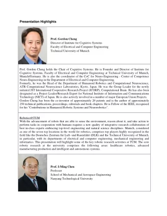 Presentation Highlights  Prof. Gordon Cheng  Director of Institute for Cognitive Systems  Faculty