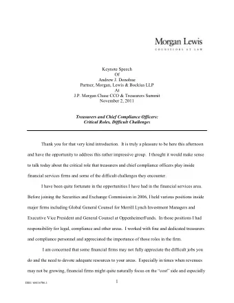 Keynote Speech  Of  Andrew J. Donohue  Partner, Morgan, Lewis &amp; Bockius LLP  At  J.P. Morgan