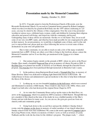 Presentation made by the Memorial Committee  Sunday, October 31, 2010  In 1872, 15 people joined to