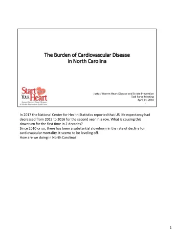 Th  The  e Bu  Burden of  of Ca  Cardiovascular Dis  isease  in  in Nor  orth  th Ca  Carol  olina