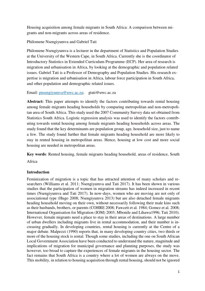 housing acquisition among female migrants in south africa