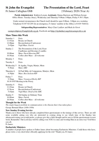 St John the Evangelist  The Presentation of the Lord, Feast  Fr James Callaghan OSB  2 February