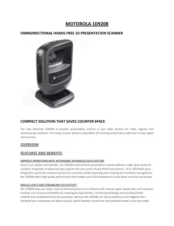 MOTOROLA 1D9208  OMNIDIRECTIONAL HANDS FREE 1D PRESENTATION SCANNER  COMPACT SOLUTION THAT SAVES
