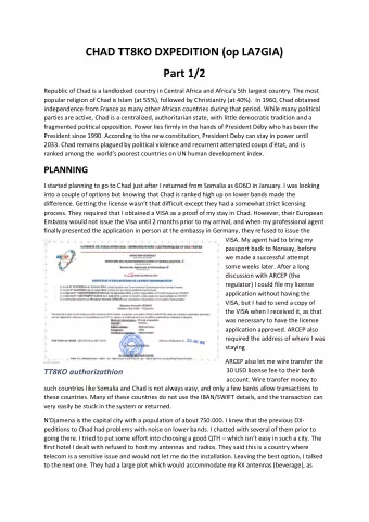 CHAD TT8KO DXPEDITION (op LA7GIA)  Part 1/2 Republic of Chad is a landlocked country in Central