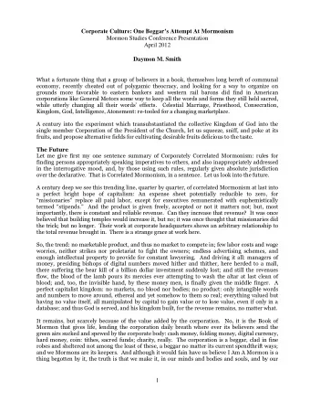 Corporate Culture: One Beggars Attempt At Mormonism  Mormon Studies Conference Presentation