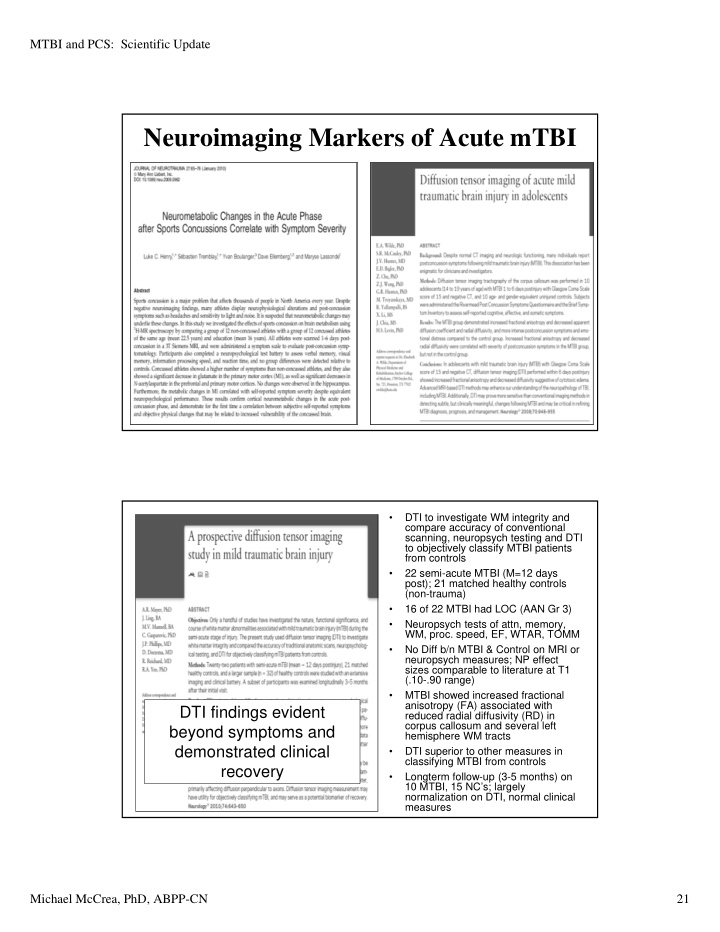 neuroimaging markers of acute mtbi