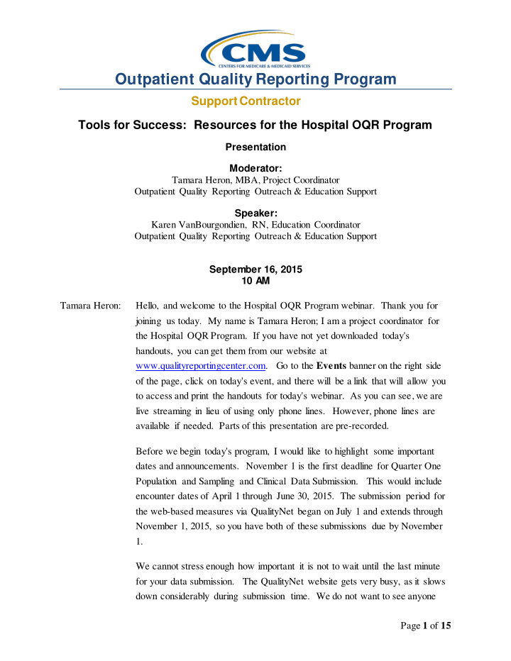 outpatient quality reporting program