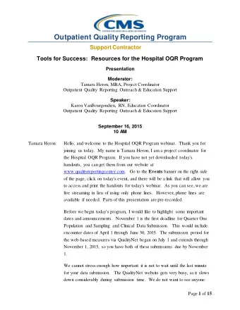 Outpatient Quality Reporting Program  Support Contractor  Tools for Success:  Resources for the