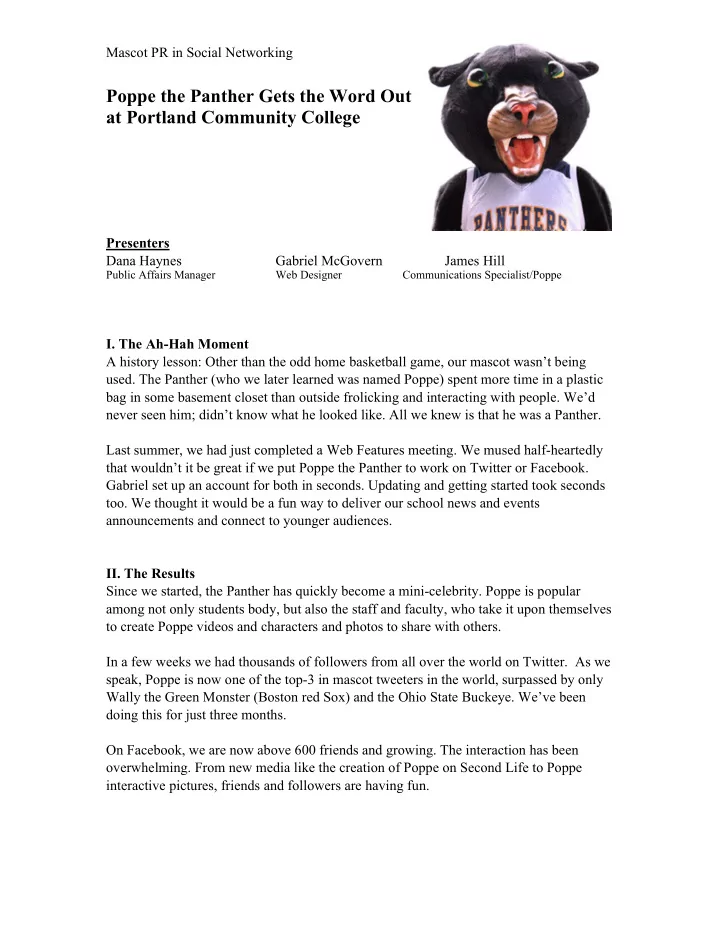 poppe the panther gets the word out at portland community