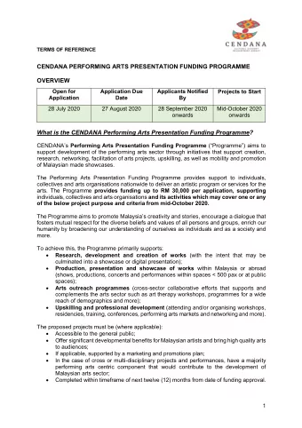 TERMS OF REFERENCE  CENDANA PERFORMING ARTS PRESENTATION FUNDING PROGRAMME  OVERVIEW  Open for