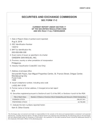 SECURITIES AND EXCHANGE COMMISSION  SEC FORM 17-C  CURRENT REPORT UNDER SECTION 17  OF THE