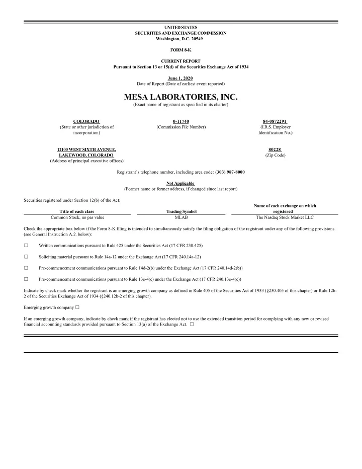 mesa laboratories inc
