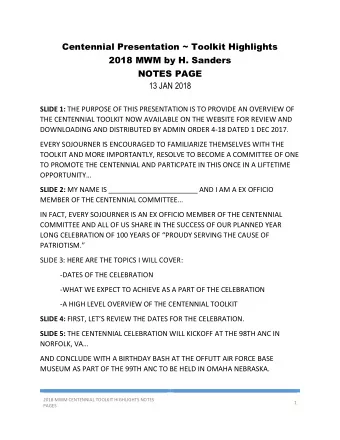Centennial Presentation ~ Toolkit Highlights  2018 MWM by H. Sanders  NOTES PAGE  13 JAN 2018 SLIDE