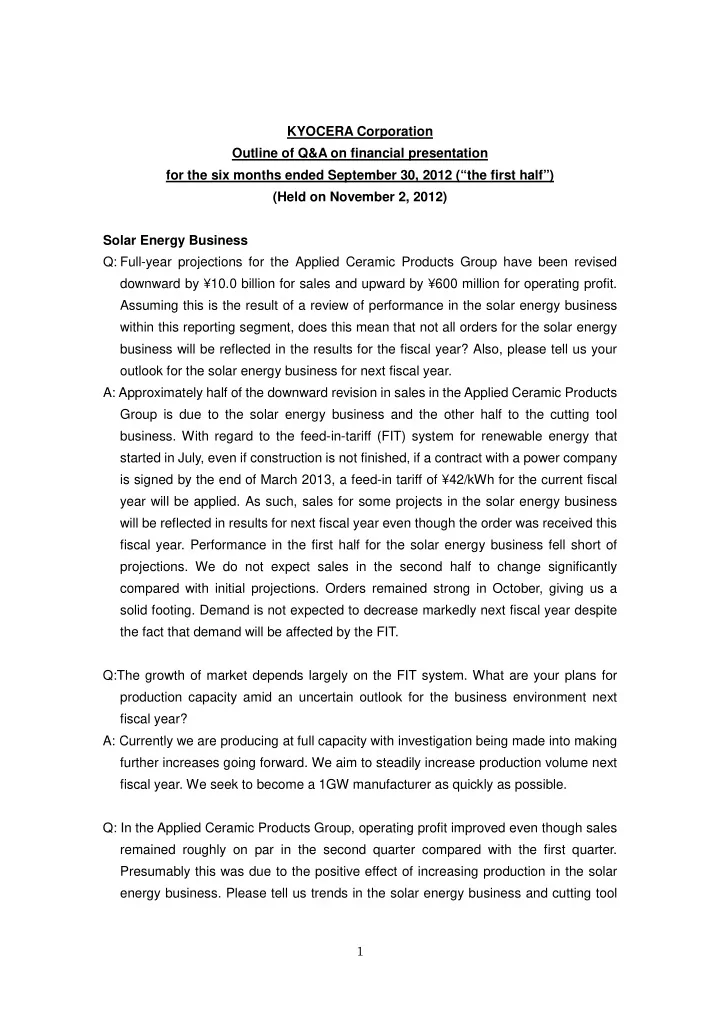 kyocera corporation outline of q a on financial
