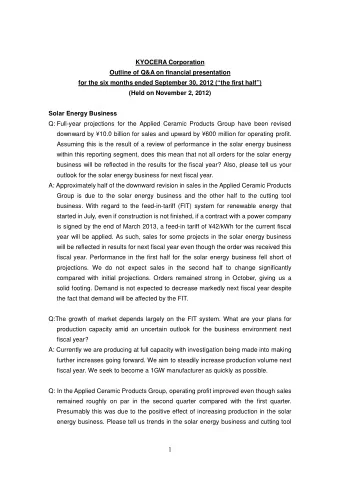 KYOCERA Corporation  Outline of Q&amp;A on financial presentation  for the six months ended