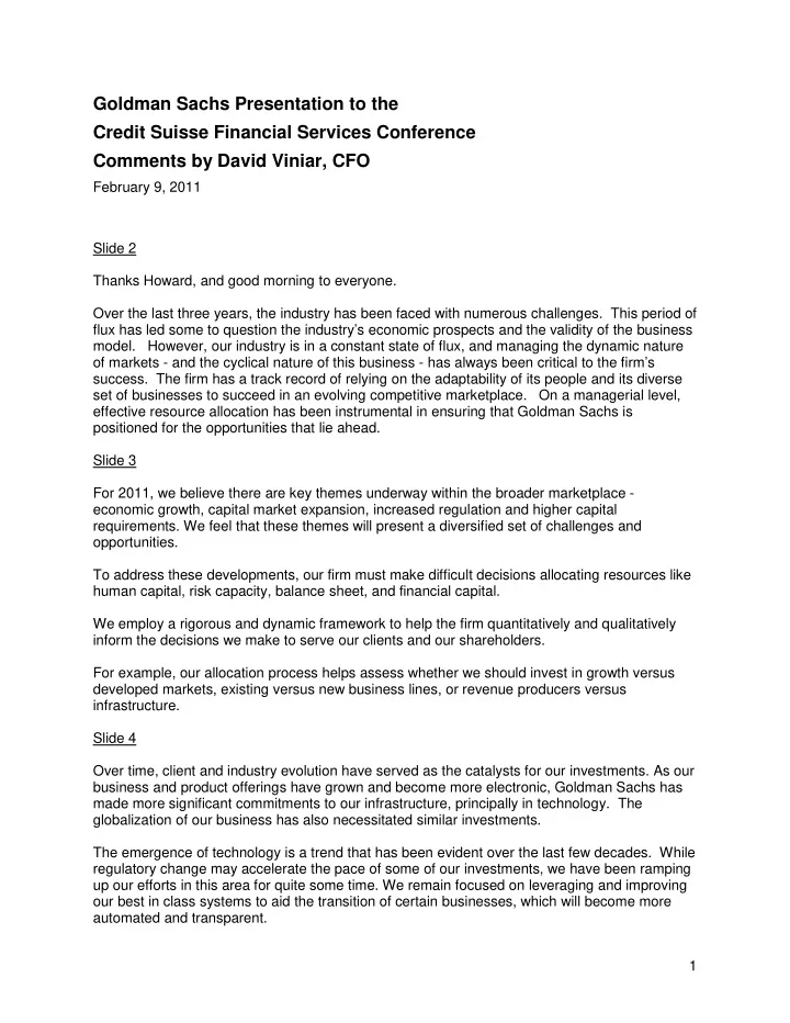 goldman sachs presentation to the credit suisse financial