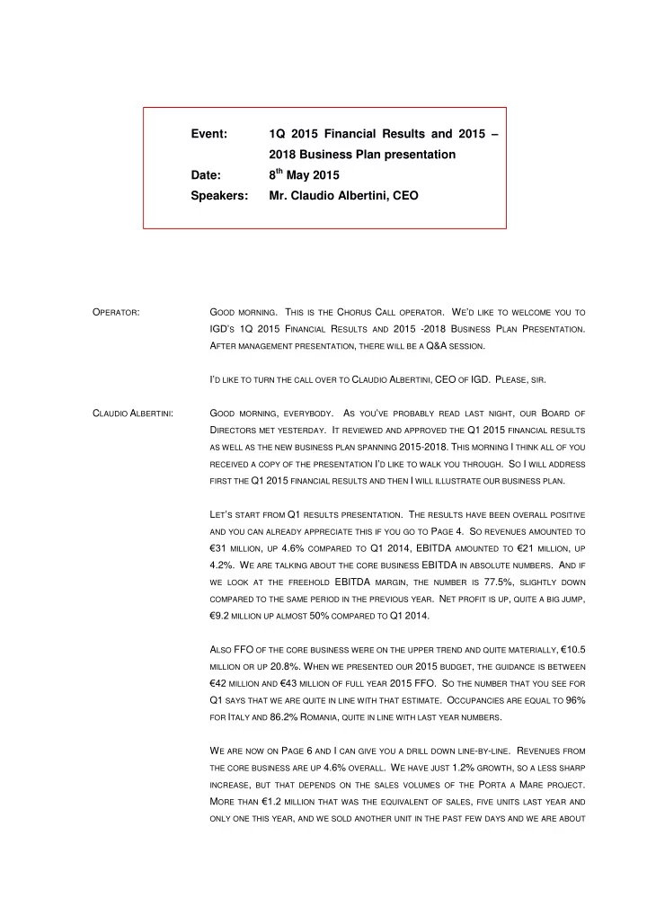 1q 2015 financial results and 2015 event 2018 business