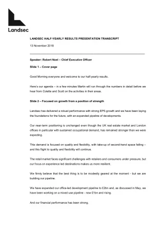 LANDSEC HALF-YEARLY RESULTS PRESENTATION TRANSCRIPT  13 November 2018