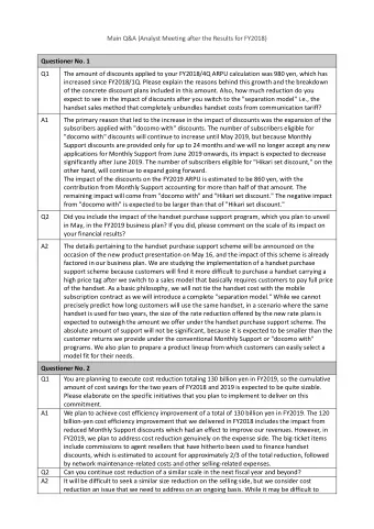 Main Q&amp;A (Analyst Meeting after the Results for FY2018)  Questioner No. 1  Q1  The amount of
