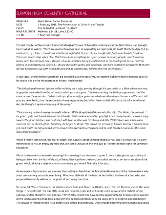 SERMON FROM COVENTRY CATHEDRAL  PREACHER  David Stone, Canon Precentor  DATE  1 February 2015, The