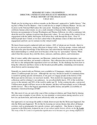 REMARKS BY SARA J. BLOOMFIELD  DIRECTOR, UNITED STATES HOLOCAUST MEMORIAL MUSEUM  PUBLIC HISTORY OF