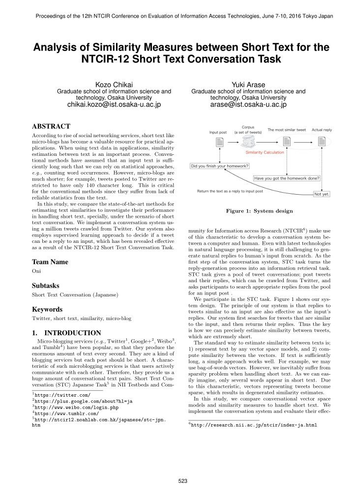 analysis of similarity measures between short text for