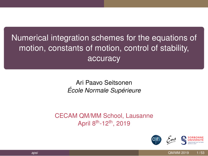 numerical integration schemes for the equations of motion