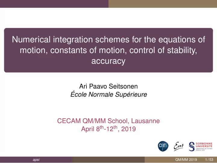 numerical integration schemes for the equations of motion