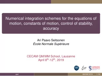 Numerical integration schemes for the equations of  motion, constants of motion, control of
