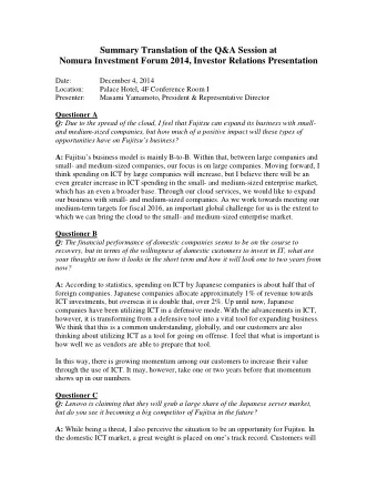 Summary Translation of the Q&amp;A Session at  Nomura Investment Forum 2014, Investor Relations