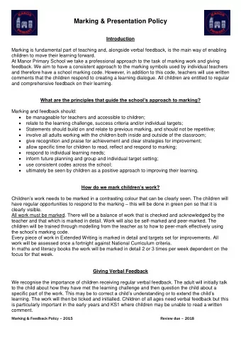 Marking &amp; Feedback Policy  2015 Review due  2018 Appendix 1: Presentation of Work (Y2