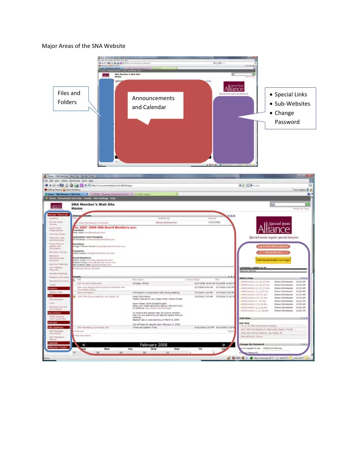 major areas of the sna website special links files and