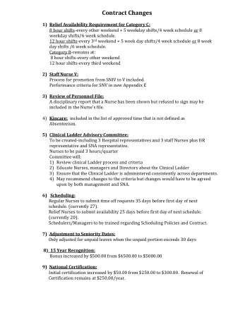 Contract Changes 1) Relief Availability Requirement for Category C:  8 hour shifts-every other