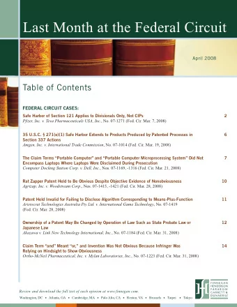 Last Month at the Federal Circuit  April 2008  Table of Contents  FEDERAL CIRCUIT CASES:  Safe