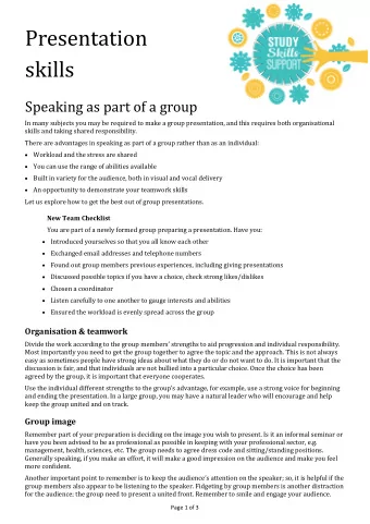 Presentation skills Speaking as part of a group  In many subjects you may be required to make a