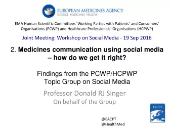 Professor Donald RJ Singer  On behalf of the Group  @EACPT  @HealthMed  2015 EMA survey on use of