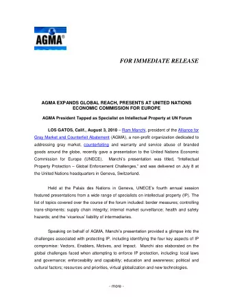 FOR IMMEDIATE RELEASE  AGMA EXPANDS GLOBAL REACH, PRESENTS AT UNITED NATIONS ECONOMIC COMMISSION