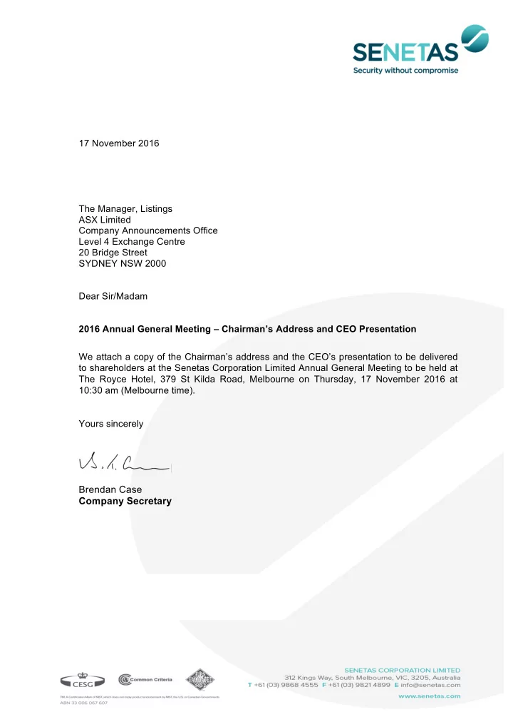17 november 2016 the manager listings asx limited company