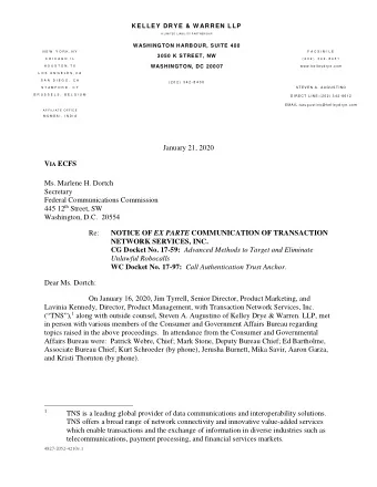 January 21, 2020 V IA ECFS  Ms. Marlene H. Dortch  Secretary  Federal Communications Commission 445