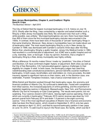 www.gibbonslaw.com  New Jersey Municipalities, Chapter 9, and Creditors Rights David N. Crapo