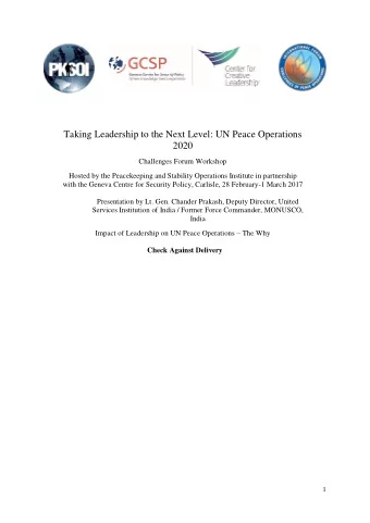 Taking Leadership to the Next Level: UN Peace Operations  2020  Challenges Forum Workshop  Hosted