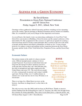 A GENDA FOR A G REEN E CONOMY  By David Korten  Presentation to Green Party National Conference