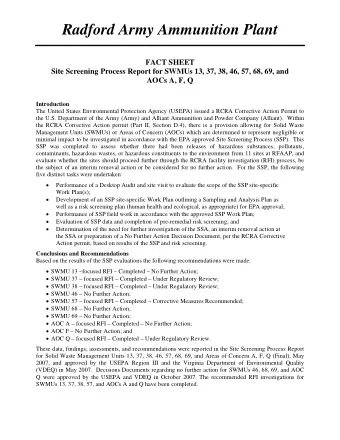 Radford Army Ammunition Plant  FACT SHEET  Site Screening Process Report for SWMUs 13, 37, 38, 46,