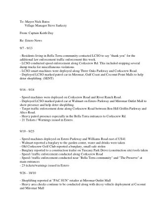 To: Mayor Nick Batos  Village Manager Steve Sarkozy  From: Captain Keith Day  Re: Estero News  9/7
