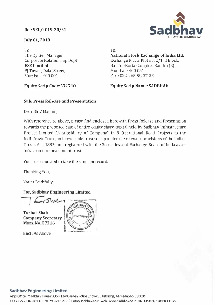 sad6hav today for tomorrow to national stock exchange of