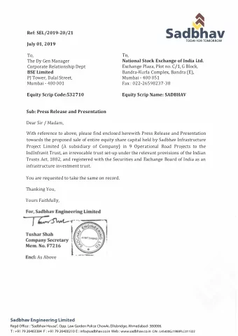 '  Sad6hav  TODAY FOR TOMORROW  To,  National Stock Exchange of India Ltd. info@sadbhav.co.in Web: