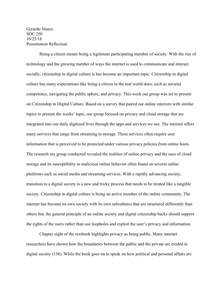 gerardo nunez soc 250 10 25 18 presentation reflection